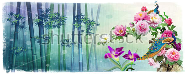 Фотообои на стену с бамбуком, цветами и павлинами артикул 10018034
