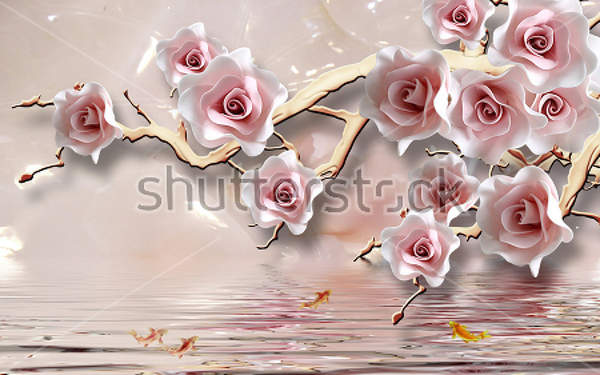 3D Фотообои с розами на светло-розовом фоне с отражением в воде артикул 10018030