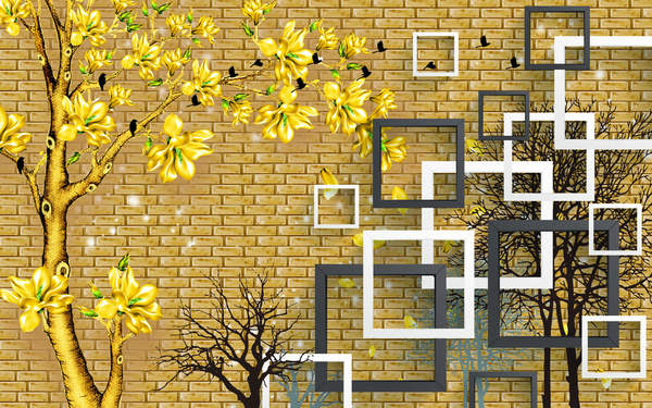3Д обои на стену с деревом и цветами артикул 10021500