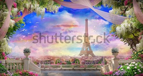 Прекрасный вид с балкона на Эйфелеву башню и розовый закат артикул 10050794