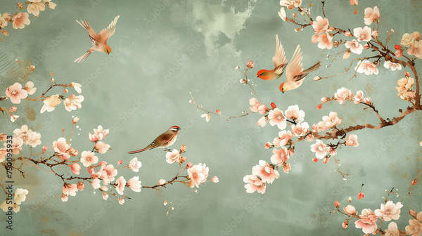 Обои на стену с птицами и цветущие ветви артикул 10060728