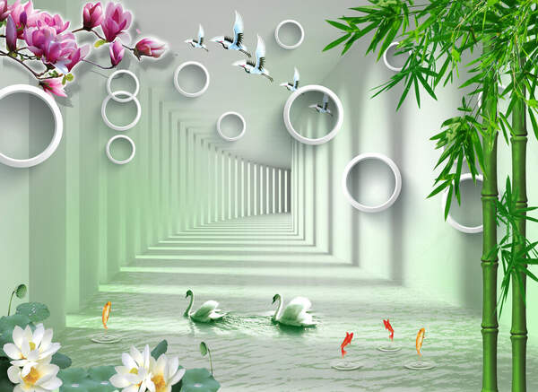 3Д Обои с бамбуком, цветами и лебедями — перспектива-тоннель артикул 10027157