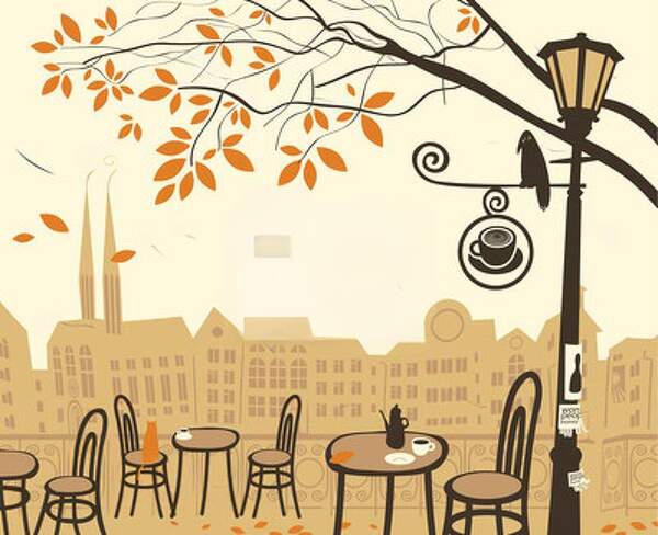 Артикул: 10000496. Фотообои с осенним пейзажем и уличном кафе (рисунок)