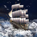 Волшебный корабль парящий в облаках ночного неба