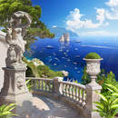 Обои на стену с тропической террасой и видом на море