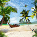 Экзотический пляж с лодкой и пальмами