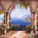 Фотообои с арочной террасой и видом на морской пейзаж