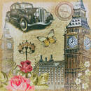 Обои на стену «Винтажный Лондон: Биг-Бен, ретро-автомобиль, бабочка, розы и уличный фонарь»
