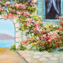 Фотообои - дом возле моря - Санторини - летний пейзаж с цветами