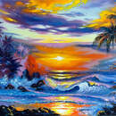 Тропический морской пейзаж с пальмами на закате — Обои для стен с рисунком