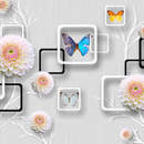 3D обои с цветами, квадратами и бабочками