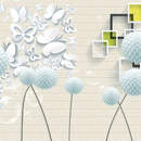 3Д Обои с одуванчиками и бабочками на фоне кирпичной стены