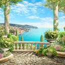 Старинный балкон-терраса в саду с красивым видом на море