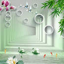 3Д Обои с бамбуком, цветами и лебедями — перспектива-тоннель